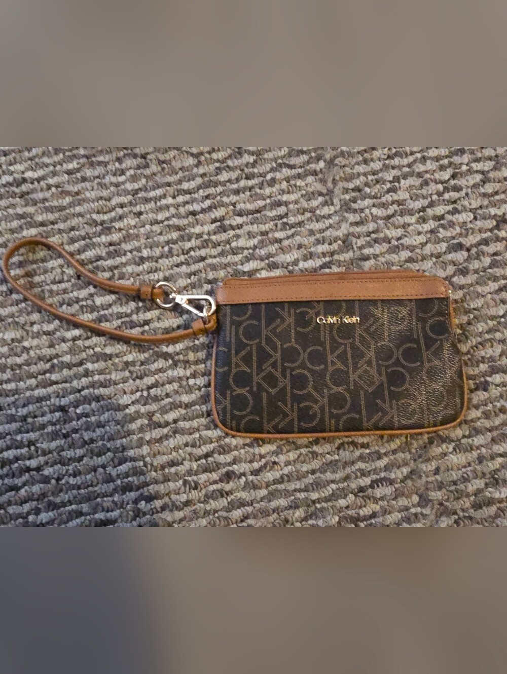 Calvin Klein Brown Logo Wristlet with Tan Trim